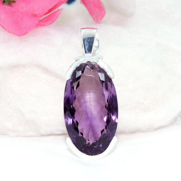 Amethyst Gemstone Pendant, 925 Sterling Silver, Purple Oval Cut Pendant, - Picture 2 of 5